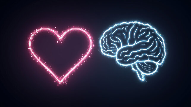 Heart and Brain Poster - Heart shape and brain outline glowing together in harmony, World Mental Health Day, empty bottom space for text, balanced poster