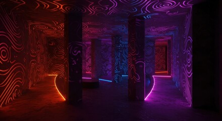 Immersive interior scene illuminated by vibrant neon lights, creating a captivating and futuristic environment with glowing pathways along the floor, intricate wall patterns, and a mesmerizing...