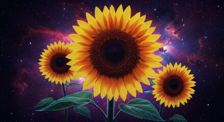 Three vibrant sunflowers bloom against a backdrop of a cosmic night sky filled with swirling nebulas and scattered stars, creating an ethereal and fantastical atmosphere in this captivating...