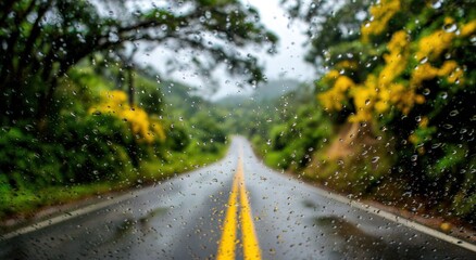 Rain-streaked windshield view of a wet road curving through a lush, green and yellow landscape