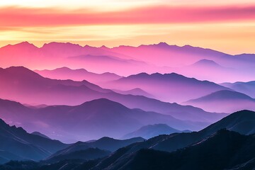 Fototapeta premium Misty Mountain Ridges Landscape with Sunset Hues Purple Peaks Scenery Panorama