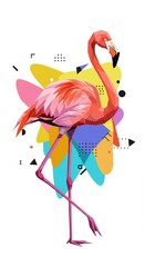 Obraz premium Colorful illustration features a flamingo standing with a single leg raised, showcasing vibrant pink and orange tones in its plumage against a backdrop of abstract geometric shapes in varying shades