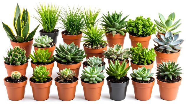 Diverse Collection of Succulents Green Plants in Pots with Isolated on White Background.