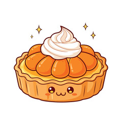 A cute kawaii fruit tart with a smiling face topped with orange slices and whipped cream.