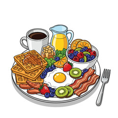A delicious and hearty breakfast platter illustration with waffles fried egg bacon fresh fruit coffee and juice.
