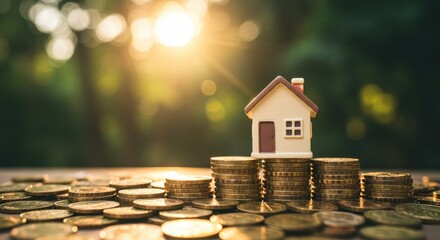 Miniature house on stacks of golden coins in bright light