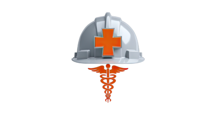 Medical safety concept white hard hat with orange cross and caduceus symbol