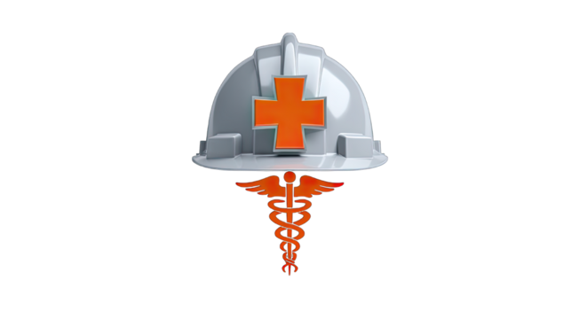 Medical safety concept white hard hat with orange cross and caduceus symbol