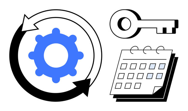 Gear with arrows signifies process or system improvement, key symbolizes access or success, and calendar depicts planning or scheduling. Ideal for workflow, productivity, strategy, planning, success