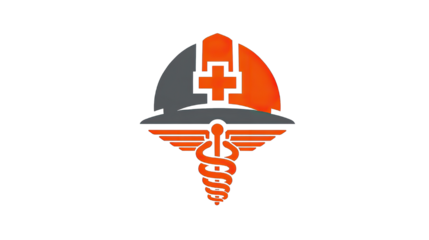 Medical symbol design with orange cross and caduceus on transparent background