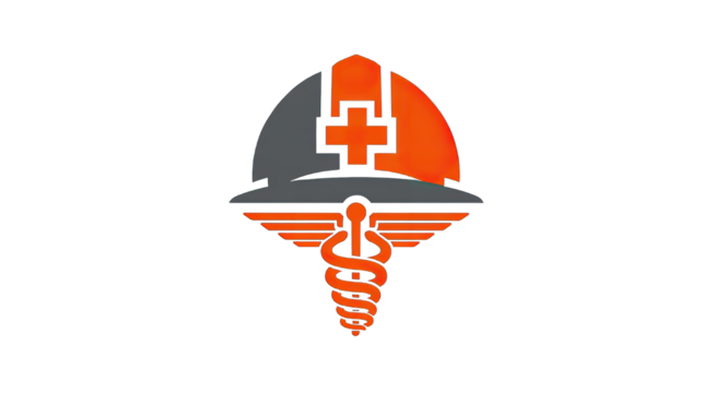 Medical symbol design with orange cross and caduceus on transparent background