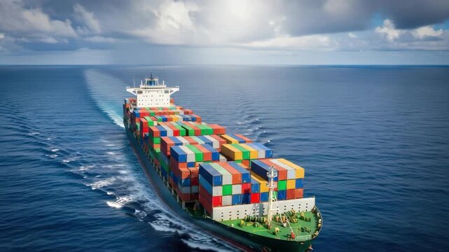 massive cargo vessel cruises across deep blue ocean waters under dramatic sky loaded with rows of colorful stacked shipping containers Its wake creates distinct trail