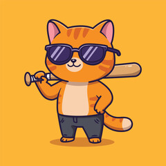 Cute Cartoon Orange Tabby Cat with Sunglasses and Baseball Bat . Vector Illustration of Cool Animal Character
