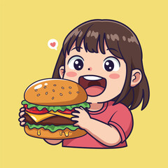 Cute Cartoon Child Holding Giant Cheeseburger with Happy Expression . Vector Illustration of Whimsical Food Moment