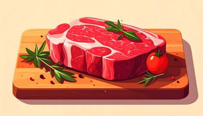 Raw steak on wooden board with herbs and pepper