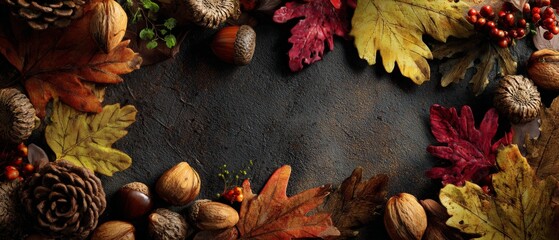 Charming chaos: a seasonal tapestry of fall's treasures. Epic poster. Intricate autumn layout highlighting natureâ€™s varied treasures. Blockbuster poster. Blockbuster art.