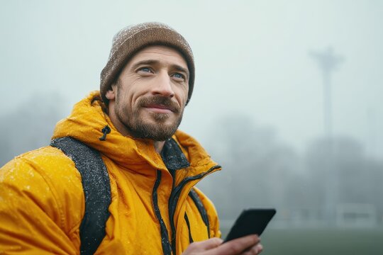 Athlete using a phone or online shopping for gear managing transactions or banking in a mockup setting Joyful sportsman in a misty environment for ecommerce purchasing winter a