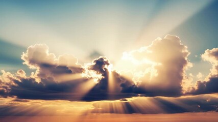 Golden sunbeams pierce through dramatic fluffy cumulus clouds across vast sky Warm orange and yellow hues blend with cooler blues and deep grays stunning atmospheric light show - Powered by Adobe
