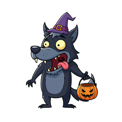 Cartoon Werewolf in Witch Hat Holding Pumpkin Pail with Tongue Out