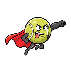 Cartoon Tennis Ball Superhero with Red Cape and Angry Expression Flying