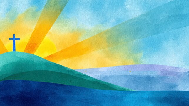 Watercolor illustration of a cross on a hill with emanating light rays