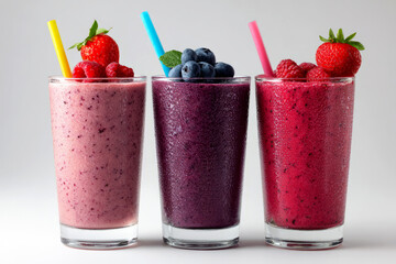 Three vibrant fruit smoothies isolated on white background, each a unique blend of flavors