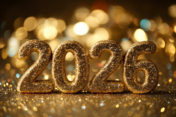 Golden 2026 numerals sparkle against a blurred background of festive bokeh lights, creating a celebratory atmosphere