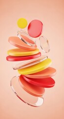 Abstract composition of colorful translucent discs and spheres floating in a dynamic arrangement against a soft peachy background, evoking a sense of playful movement and modern design