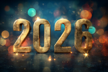 Golden 2026 new year celebration with bokeh lights and sparkling glitter background