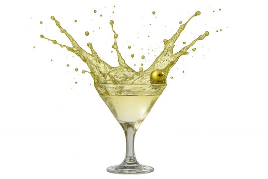 Martini cocktail splash with olive creating dynamic liquid movement in a glass, ready for celebration