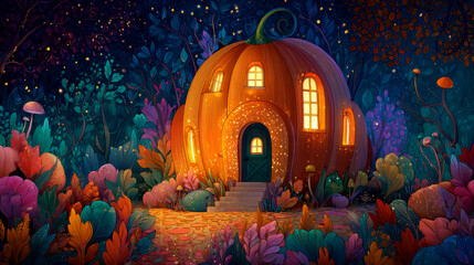 A whimsical pumpkin house nestled in a vibrant garden under a starlit night sky