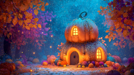 A whimsical pumpkin house glows warmly amidst a magical forest scene at twilight hour