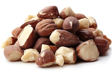 Pile of Fresh Brazil Nuts on White Background, Some Halved and Peeled Showing Creamy Texture