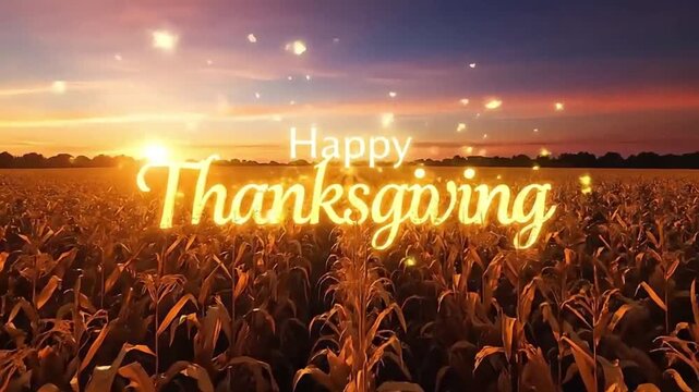 Golden Harvest Field Illuminated with Sparkling Lights for a Happy Thanksgiving Celebration at Sunset