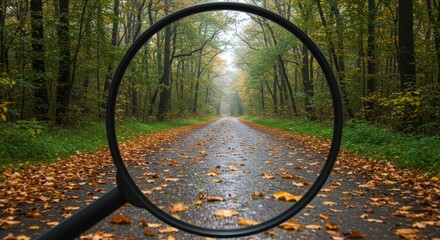 Road through a forest seen under a magnifying glass