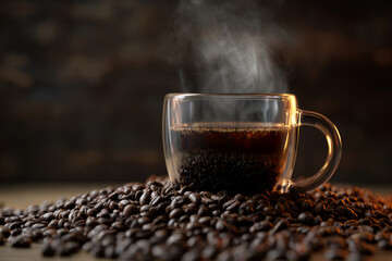 Aromatic coffee in a glass cup surrounded by roasted beans, steam rising gently above
