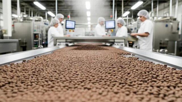 Hundreds of coffee beans move along conveyor belt in bustling processing facility Several workers in white lab coats and hairnets oversee operations monitoring screens and product quality