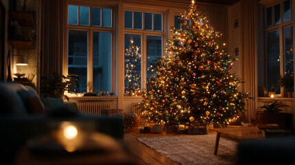 A cozy living room is illuminated by a brightly lit christmas tree at nighttime