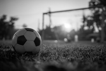 A soccer ball sits on the grass field in front of a goal, illuminated by the sun