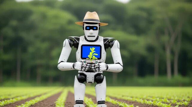 humanoid robot wearing straw hat and with blue eyes stands in green agricultural field Its chest screen shows plant and its hands gently hold small potted seedling amidst rows of young crops