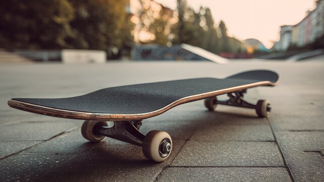 Close-Up of Skateboard on Pavement in Urban Skatepark Setting