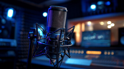 A professional microphone stands prominently in a recording studio with blue lighting