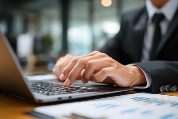 A young Asian woman in an office taps her laptop for financial analysis while a handsome man in a black suit is present