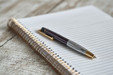 Elegant Pen Resting on Blank Notepad on Wooden Table Surface