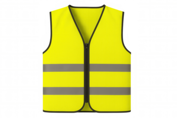 Yellow high-visibility safety vest with reflective stripes and zipper, providing worker protection on transparent background