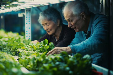 Elderly couple harvesting organic vegetable in their home greenhouse. Sustainable agriculture lifestyle.