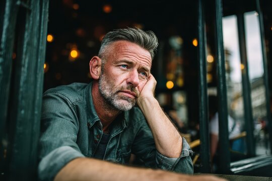 A reflective older man rests his head on his hand gazing thoughtfully away in a street cafe - Powered by Adobe