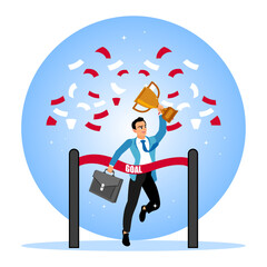 Happy entrepreneurs celebrate success with trophies and confetti.