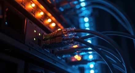 Network Server: A network server is illuminated by an array of cables. This image captures the dynamic and complex nature of modern data management.