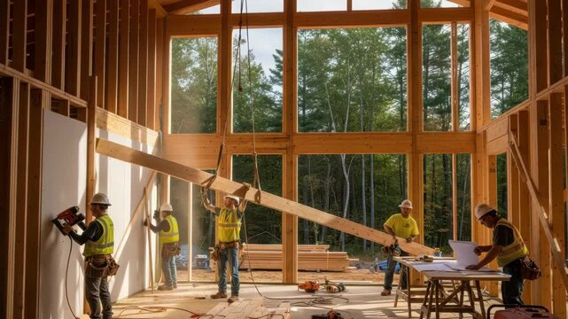 Construction workers in hard hats and vests build timber-framed house Some install drywall others lift large wooden beam and one reviews blueprints Large windows offer forest views Tools and lumber ar